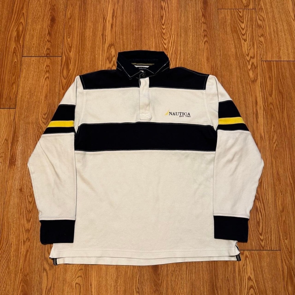 Nautica Men's Rubgy Polo Shirt Large Striped White Navy Sailor 2000s Y2K
